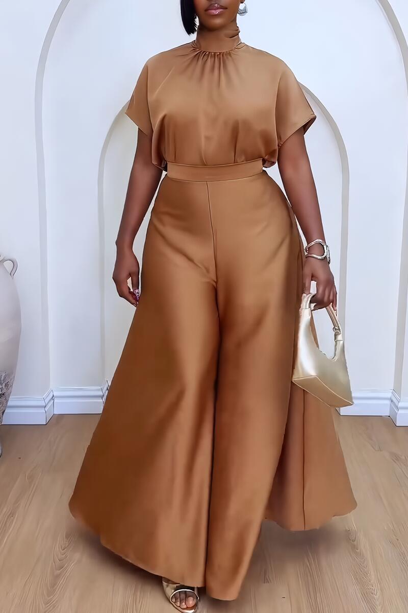 Satin Short Sleeve Turtleneck Top & Wide Leg Pants