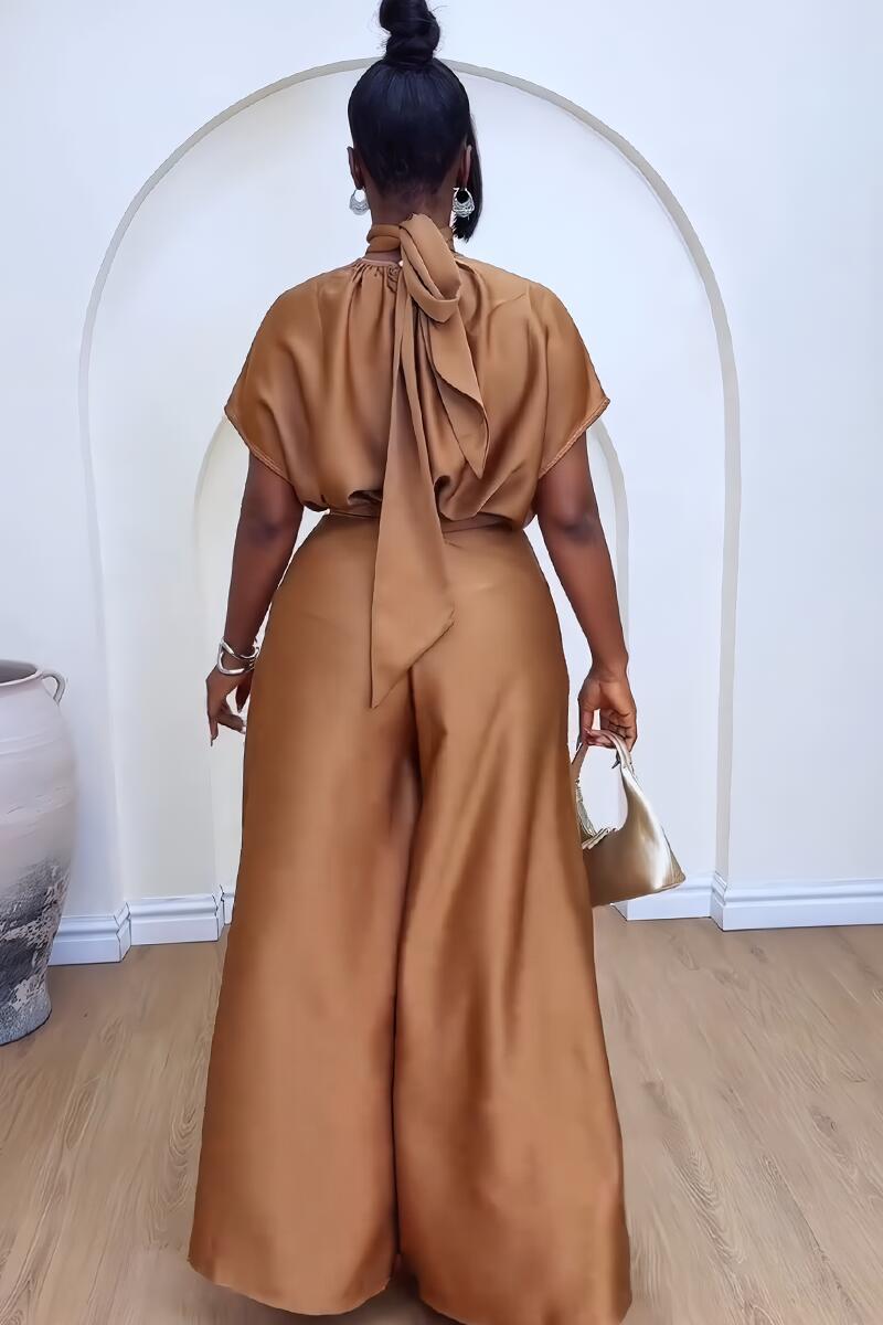 Satin Short Sleeve Turtleneck Top & Wide Leg Pants
