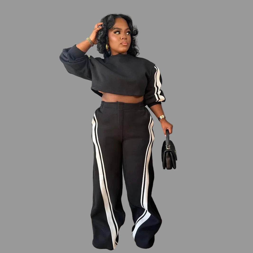 Active Striped Splicing Women's Long Sleeve Sweatshirt and Sweat Pants Tracksuit