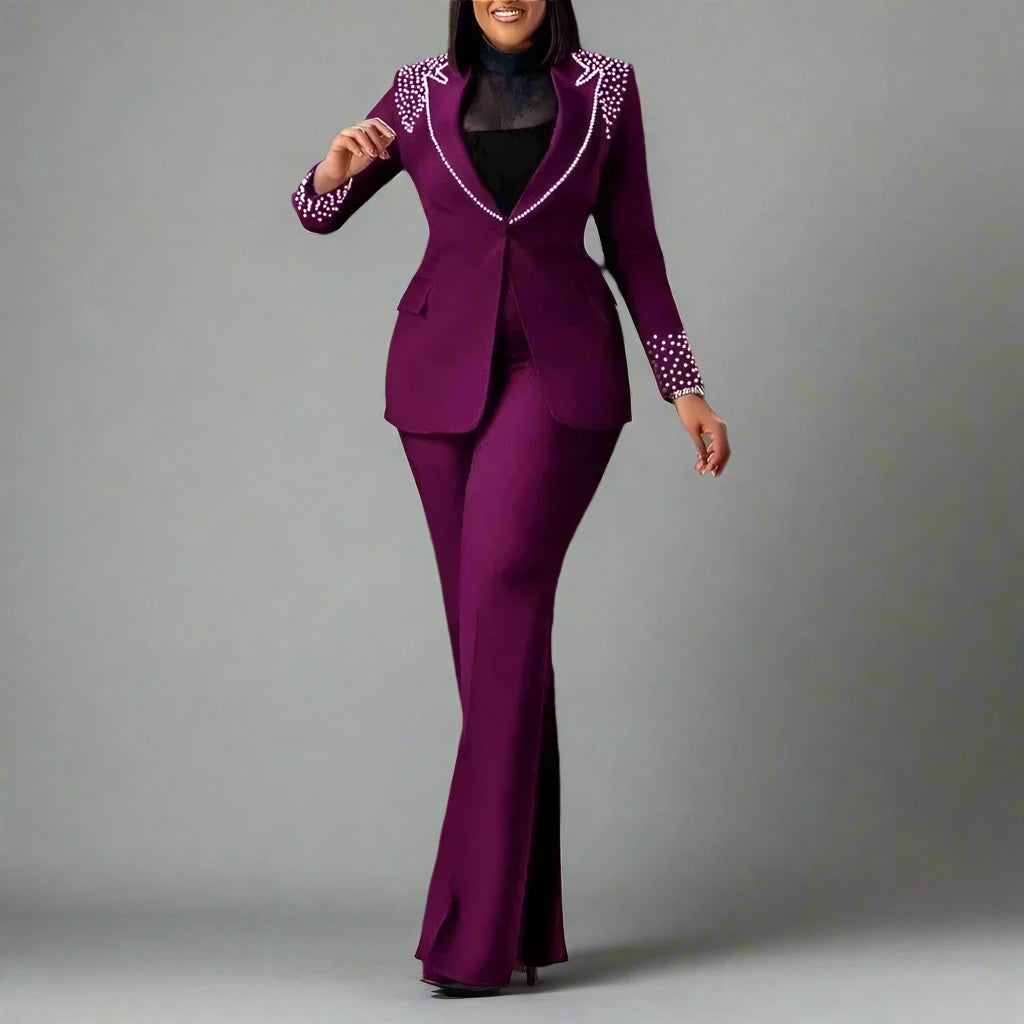 Women's Pearl Splicing Long Sleeve Blazer and Wide Leg Pants Suit