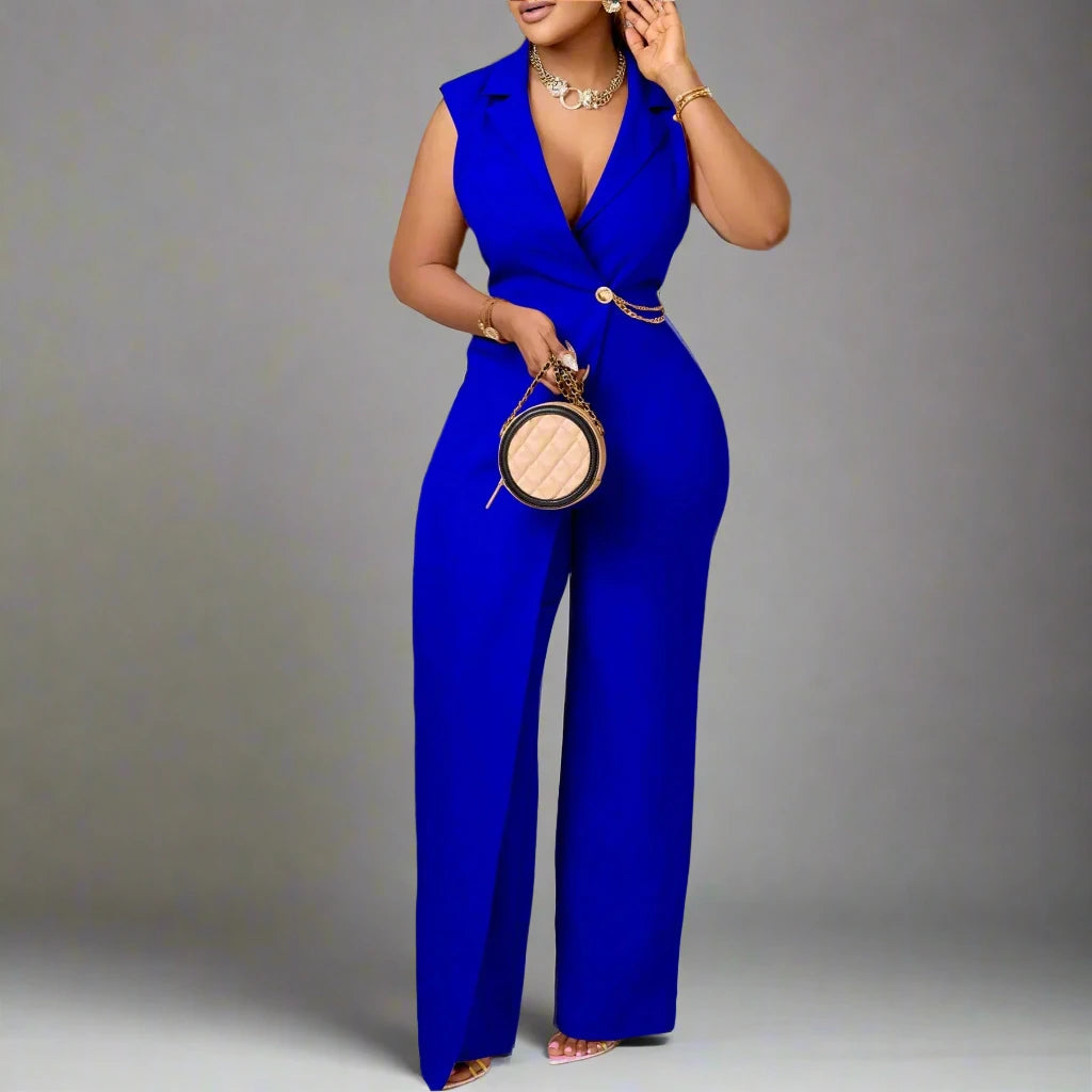 Women’s Wide Leg V-Neck Sleeveless Jumpsuit with Waist Chain