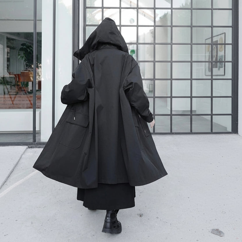 Long Oversized Black Trench Coat with Hood