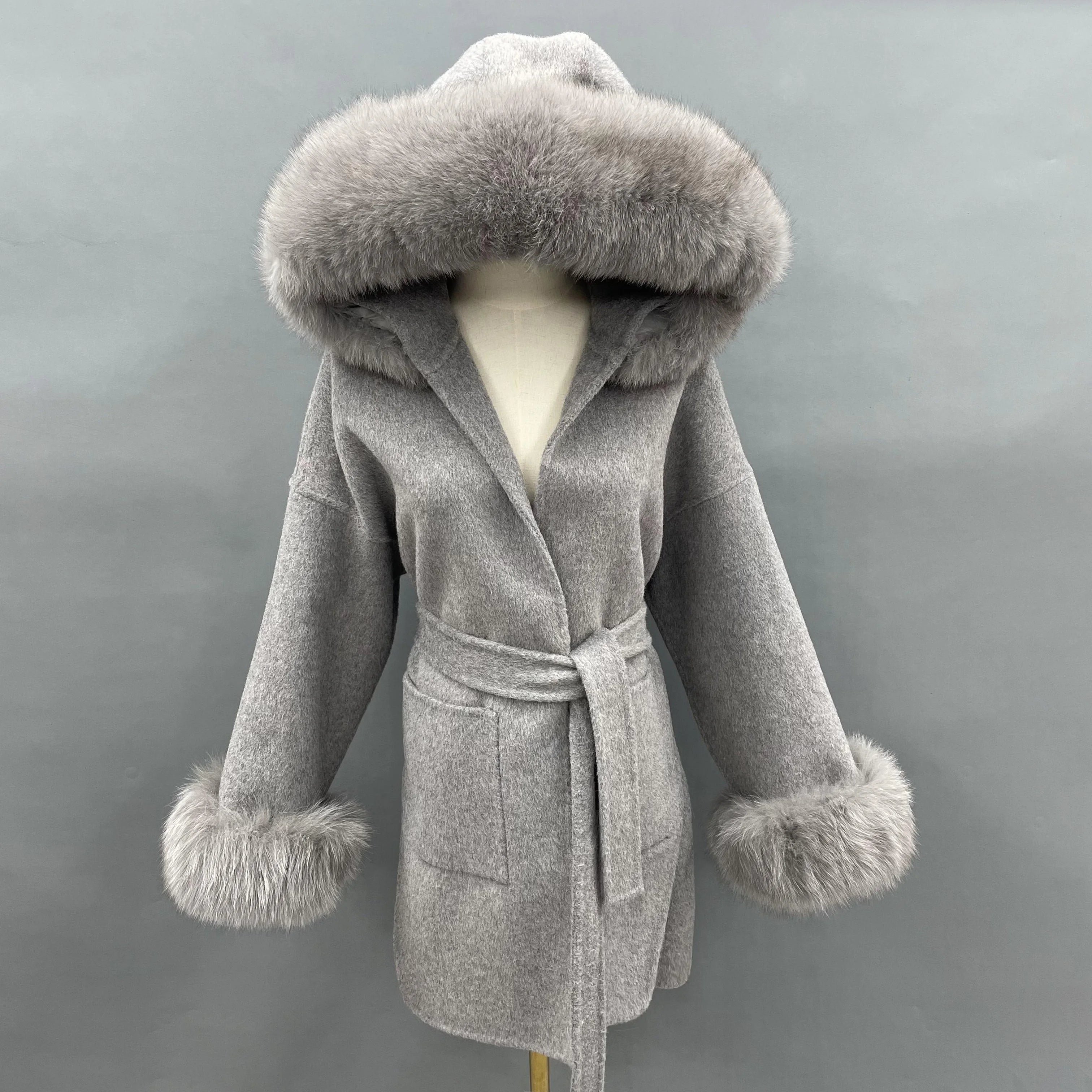 Hooded Wool Coat with Fox Fur Collar