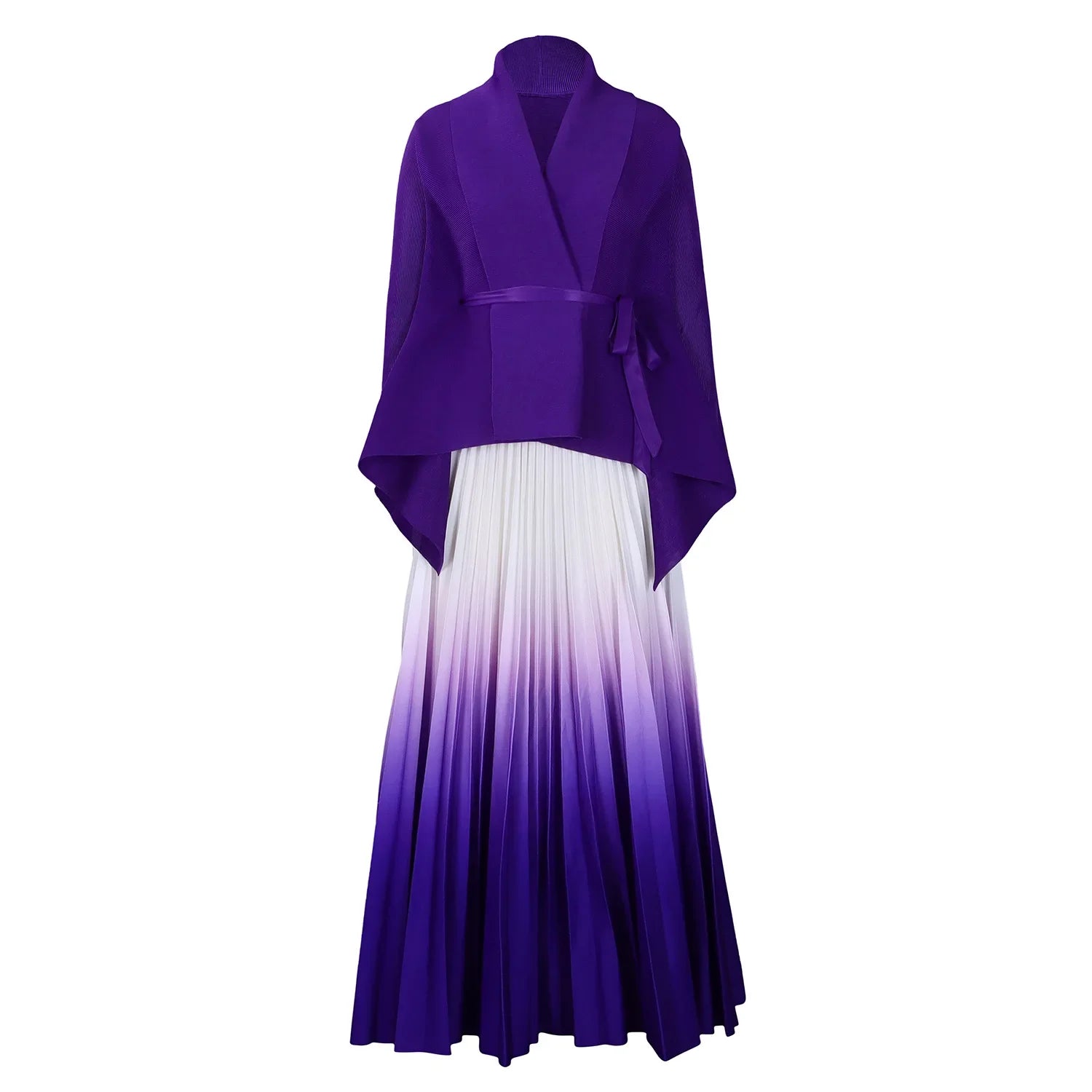 Gradient Women's Full Sleeve V-Neck Blouse with Beltt and Pleated Maxi Skirt Set