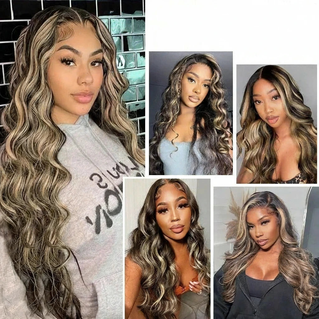 1B/27 Body Wave Human Brazilian Hair 30 Inch 13x4 HD Lace Frontal Ombre Blonde Highlight Front Wig