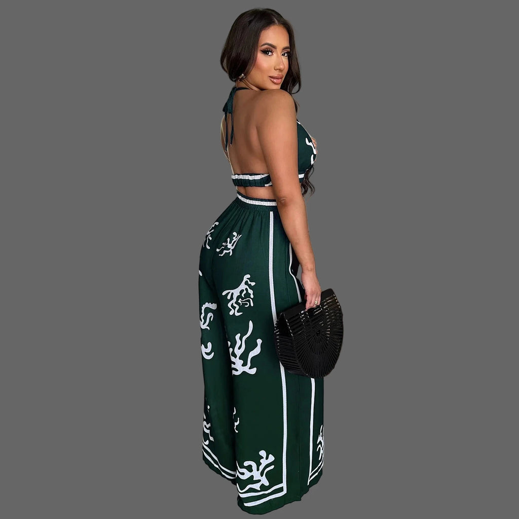 Women's Strap V-neck Crop Top and Wide Leg Pants Set