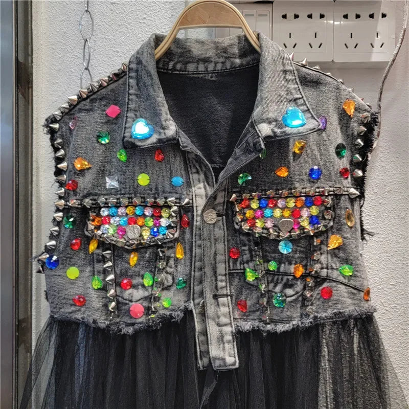 Women’s Rainbow Color Diamond Beaded Mesh Ruffles Splice Jean Jacket