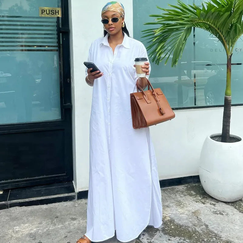 Woman’s Full Sleeve Turn-down Collar Shirt Style Maxi Dress