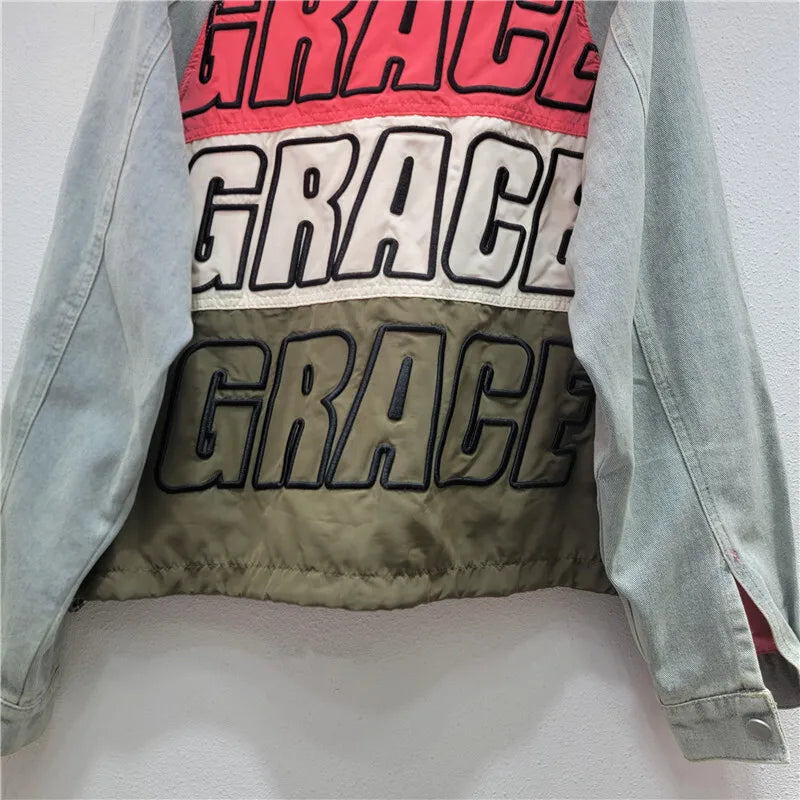 Women Patchwork Denim Raglan Sleeve Zipper Loose 3d Pockets Letters Embroidery Jacket