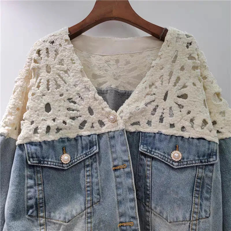 Women's Denim Patchwork Lace Hollow Out Shoulder V-neck Single Breasted Jacket