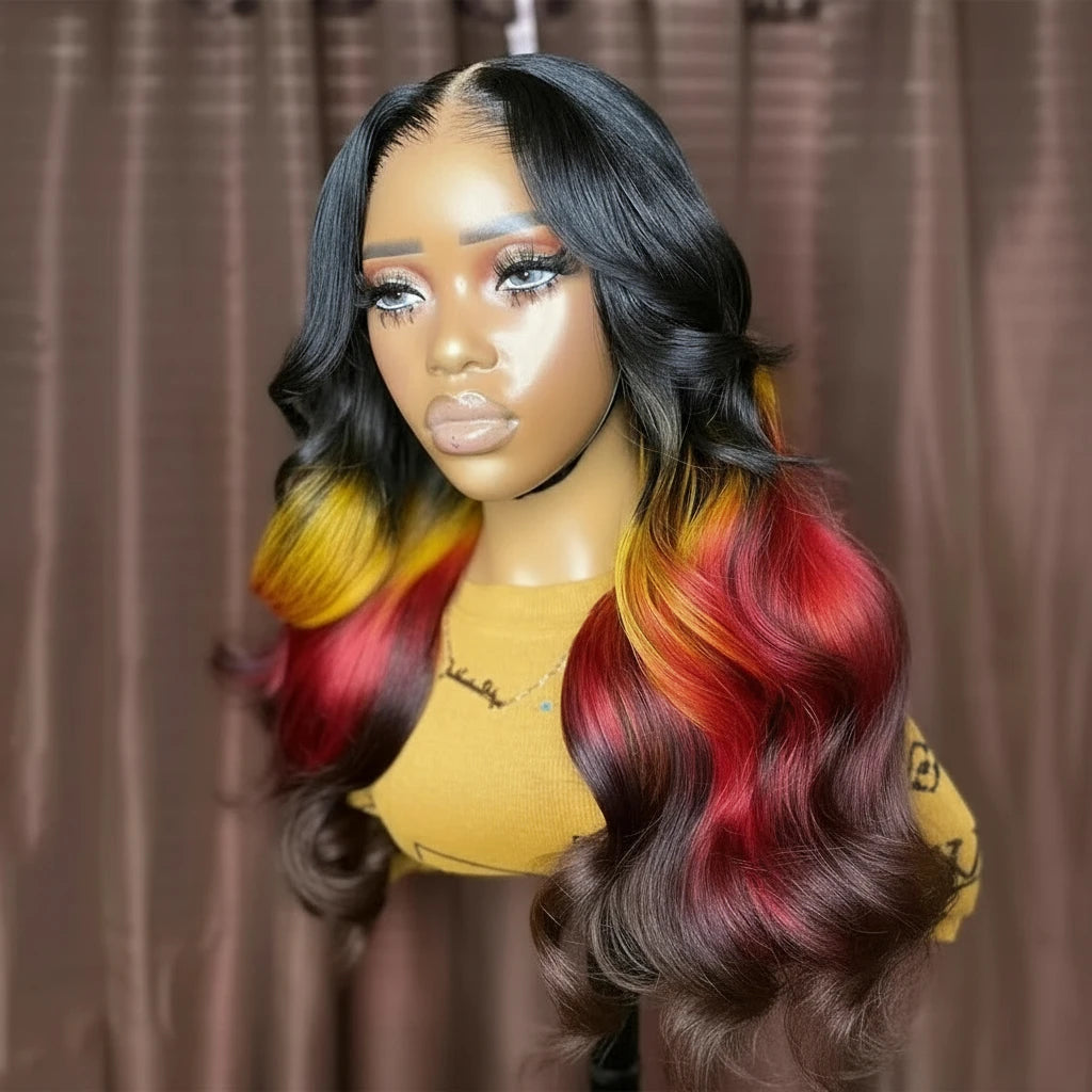 Sunset Ombre Color Human Hair Transparent Glueless 180% Lace Frontal Closure Brazilian Wig