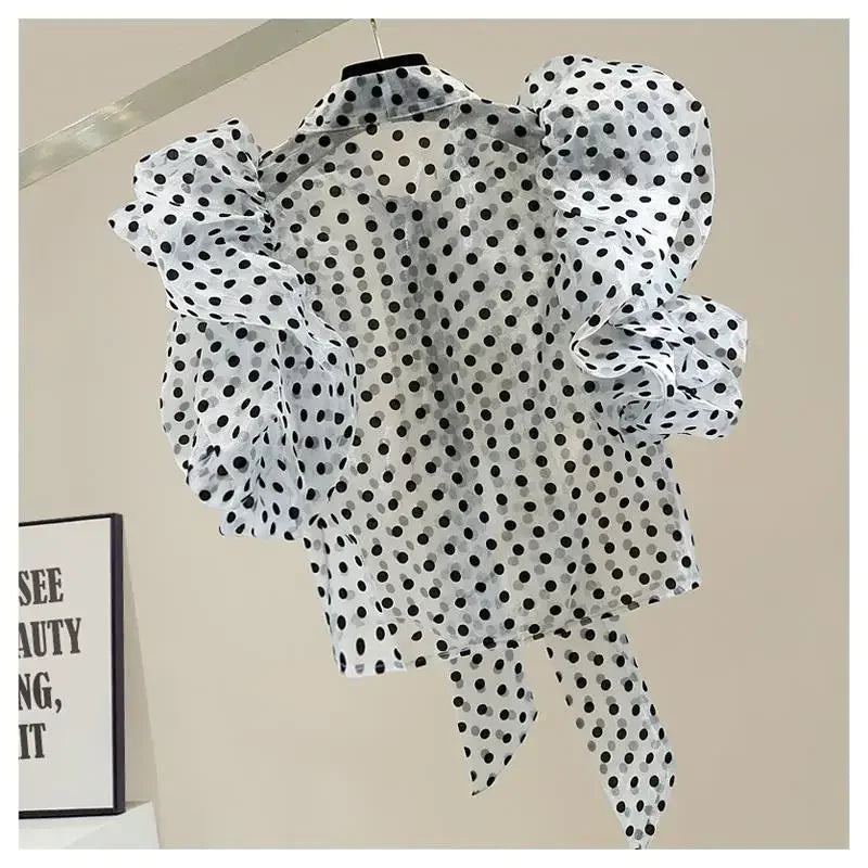 Lantern Sleeve Pleated Ruffle Ribbon Bow Organza Perspective Short Blouse