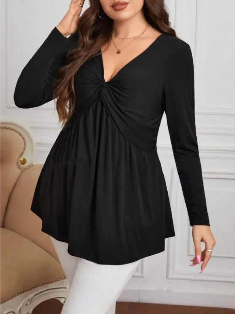Plus Size Twist Front V-neck Casual Long Sleeve Slim-fit Blouse