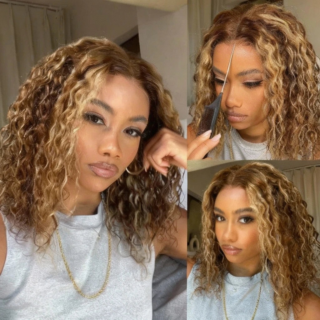 7x5 Water Wave Bob Honey Blonde Highlight Lace Closure Human Hair Wig Ready To Wear