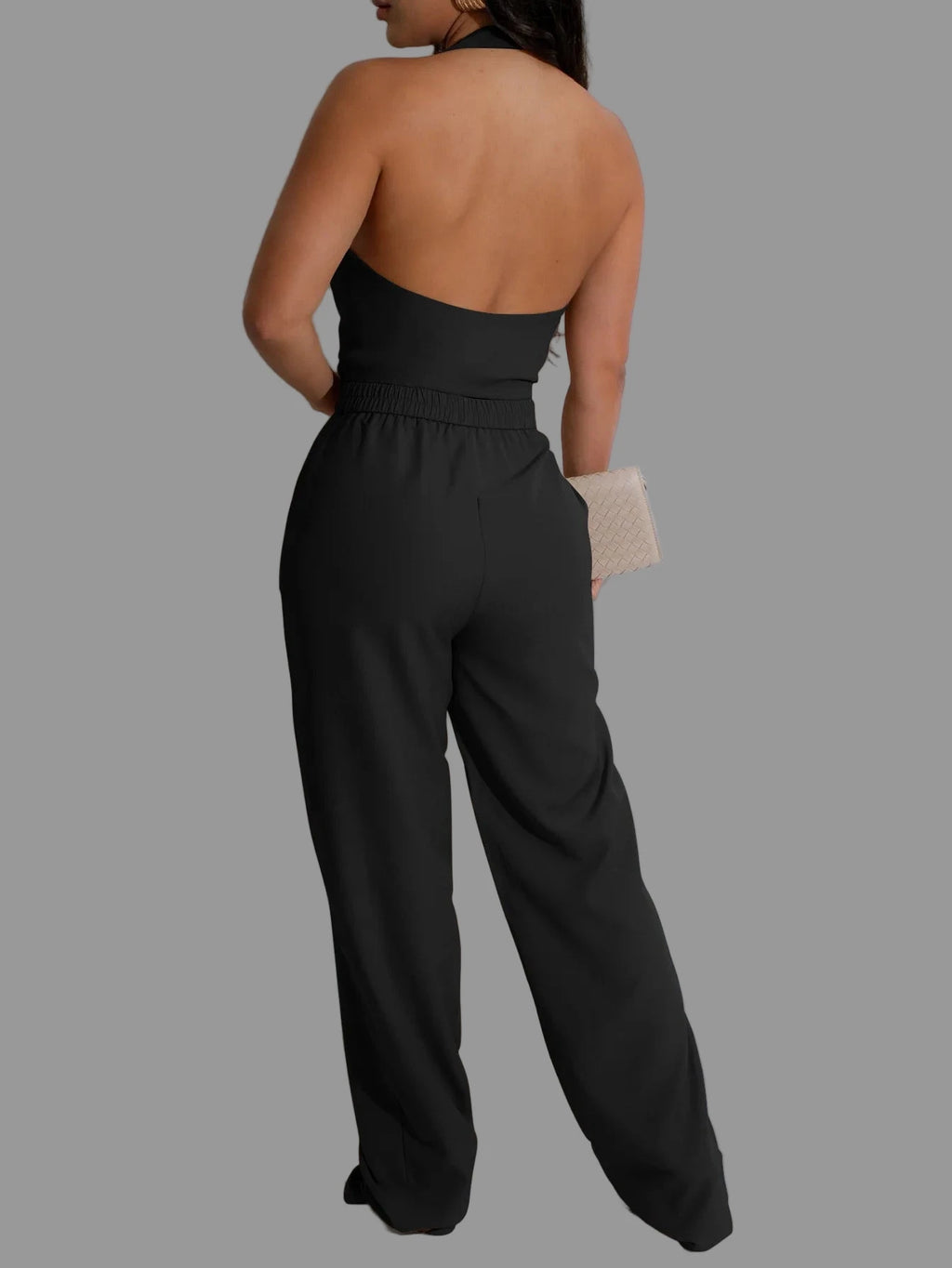 Women’s Sleeveless V Neck Halter Flower Blazer Vest Top & Wide Leg Pants