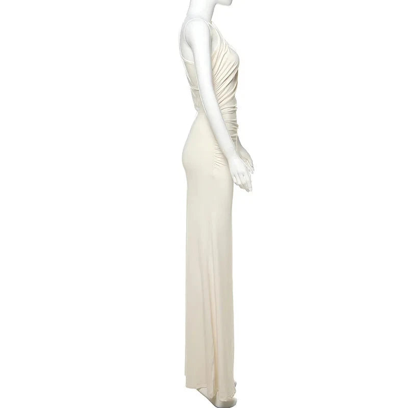 Sleeveless Oblique Shoulder Ruched Slim Floor-Length Women’s Dress