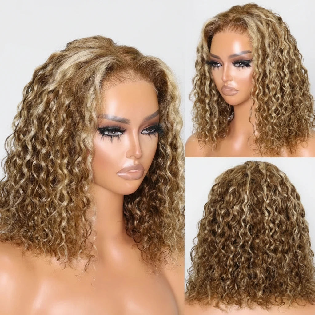 7x5 Water Wave Bob Honey Blonde Highlight Lace Closure Human Hair Wig Ready To Wear