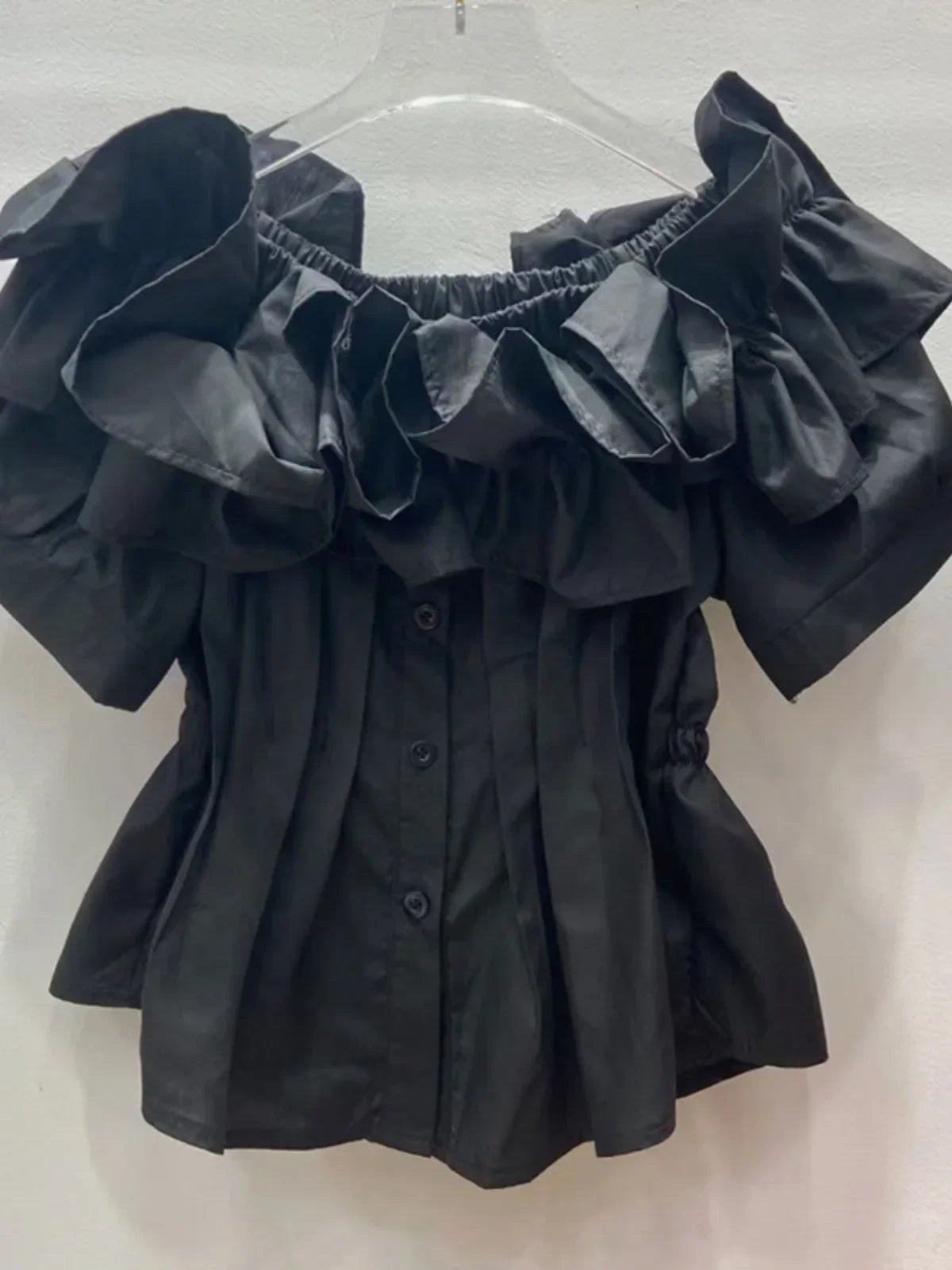 Women’s Pleated Tunic Ruffles Puff Sleeve Slash Neck Blouse