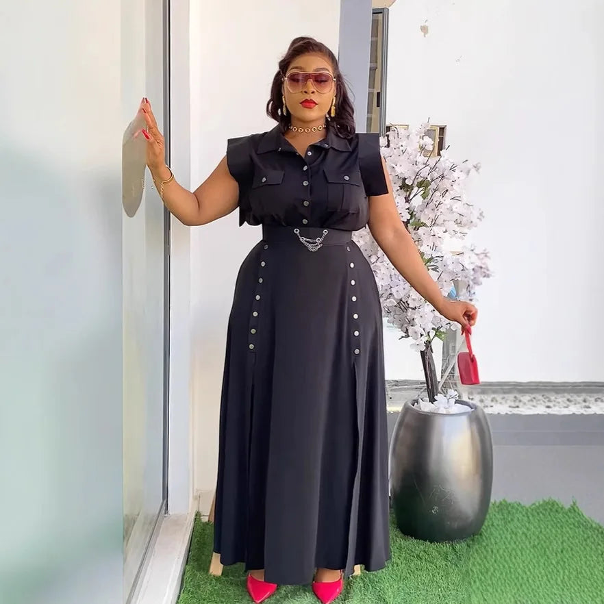 Women's  OL Sleeveless Shirt & Cargo Split Maxi Skirt Set