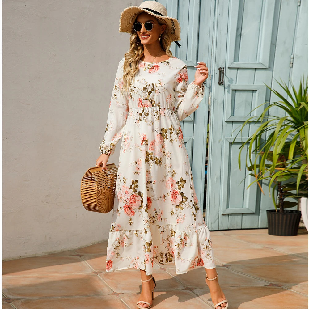 Bohemian  Chiffon Casual Long-Sleeve High Waist Maxi Dress