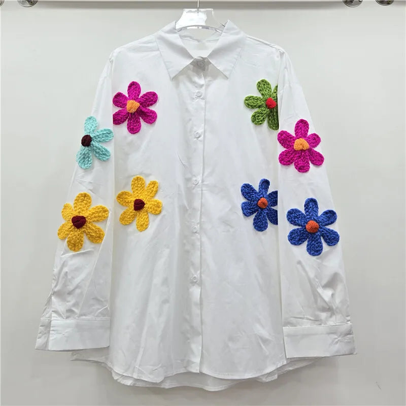 Women's Shirt Loose Colorful 3d Knitted Flower Long Sleeve
