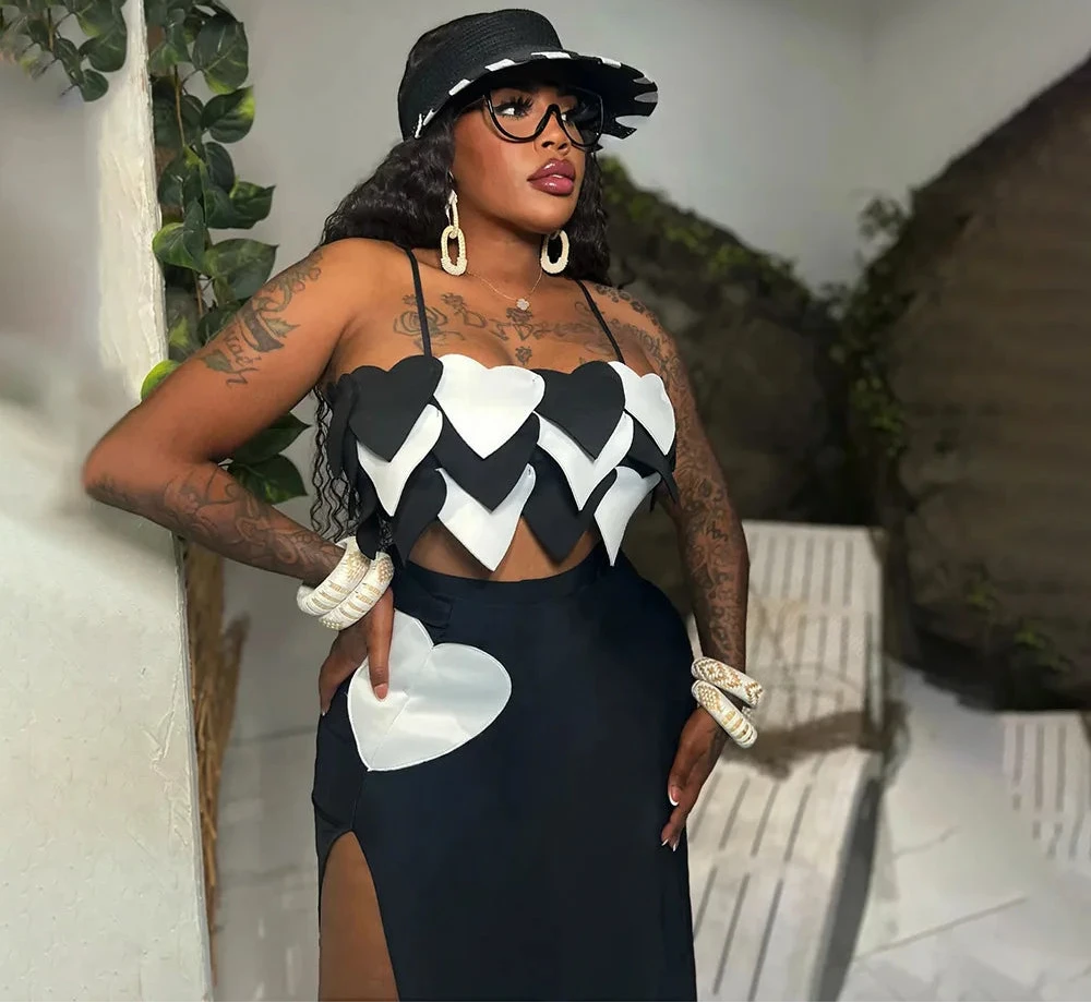 Women's Slash Neck Sweetheart Love Sleeveless Crop Top and Maxi Skirt Set