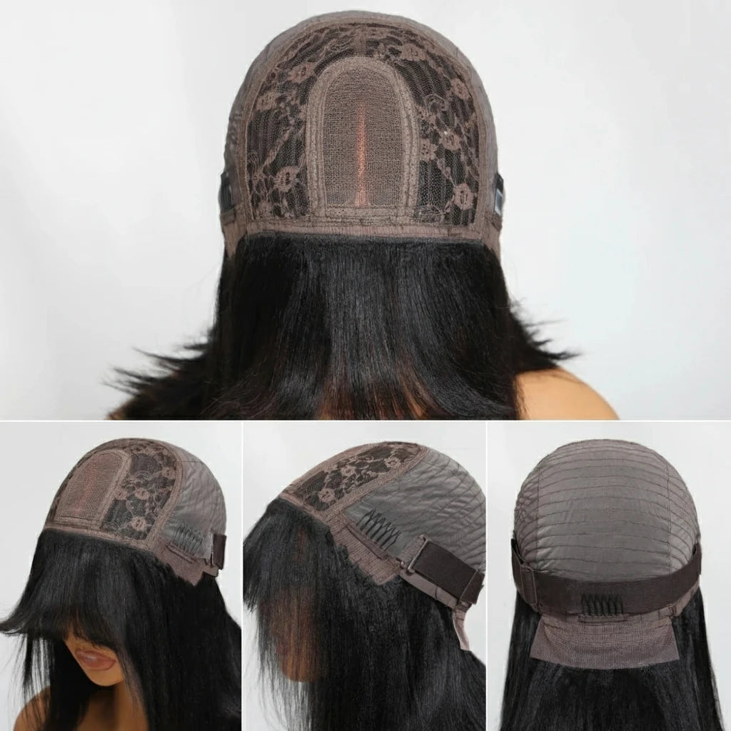 Yaki Straight Bob Wig With Bangs Real Scalp Middle Part 4x2 Lace Glueless Human Hair Ready To Wear