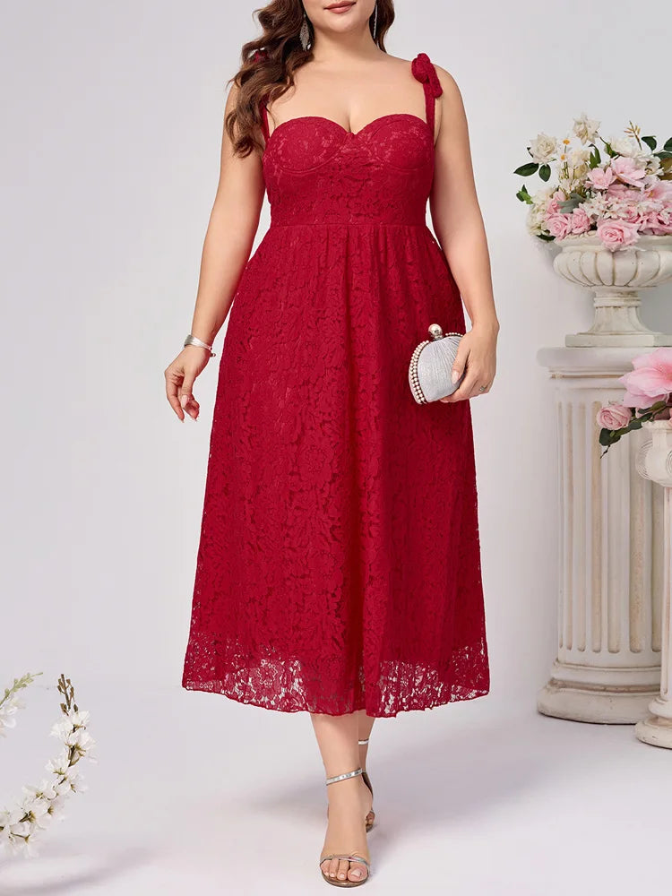 Plus Size Solid Lace Elegant Straps Backless High Waist Sleeveless Dress