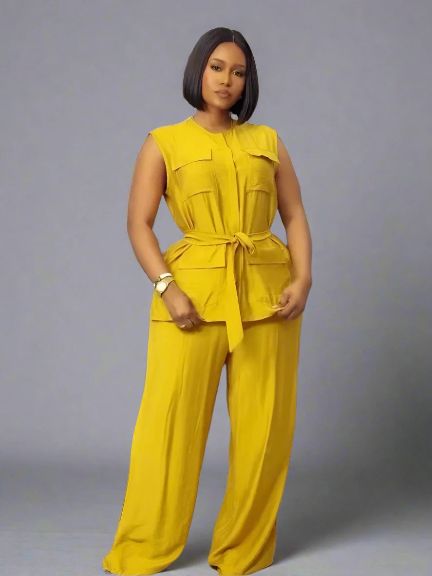 Women's Sleeveless Shirt Top + Wide Leg Pants Set with Belt