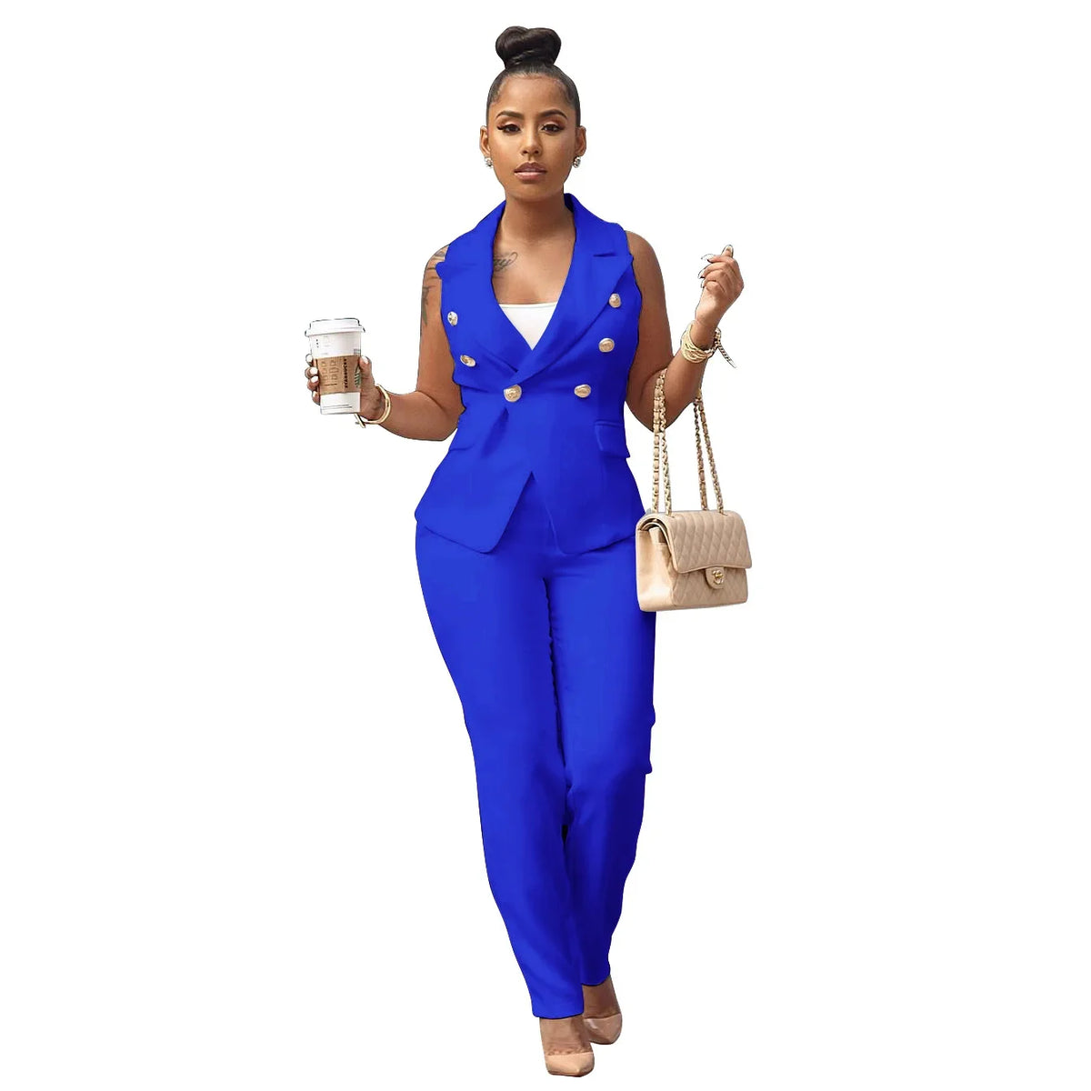Women’s Sleeveless Notch V-Neck Blazer & Long Pant Suit