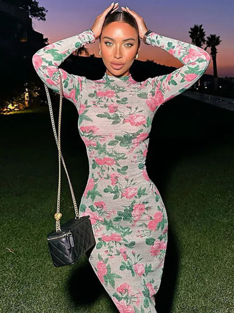 Bodycon Long Sleeve Half High Collar Print Zipper High Waist Maxi Dress