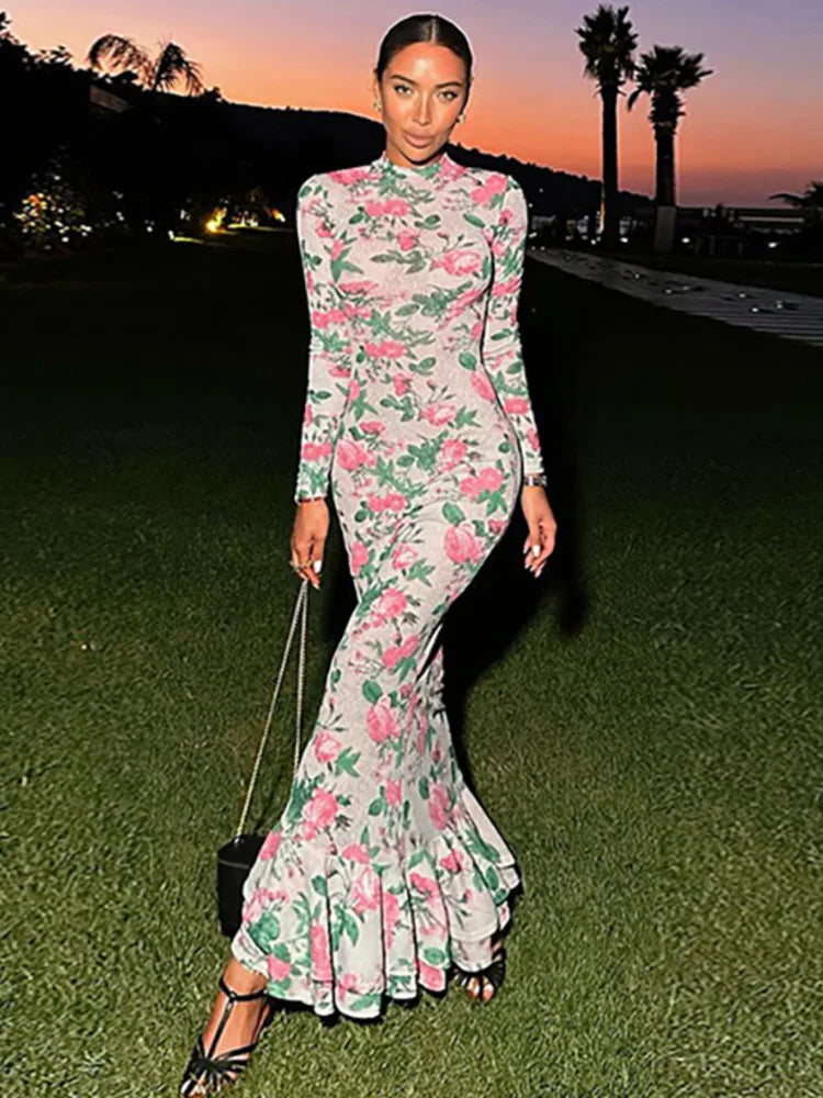 Bodycon Long Sleeve Half High Collar Print Zipper High Waist Maxi Dress