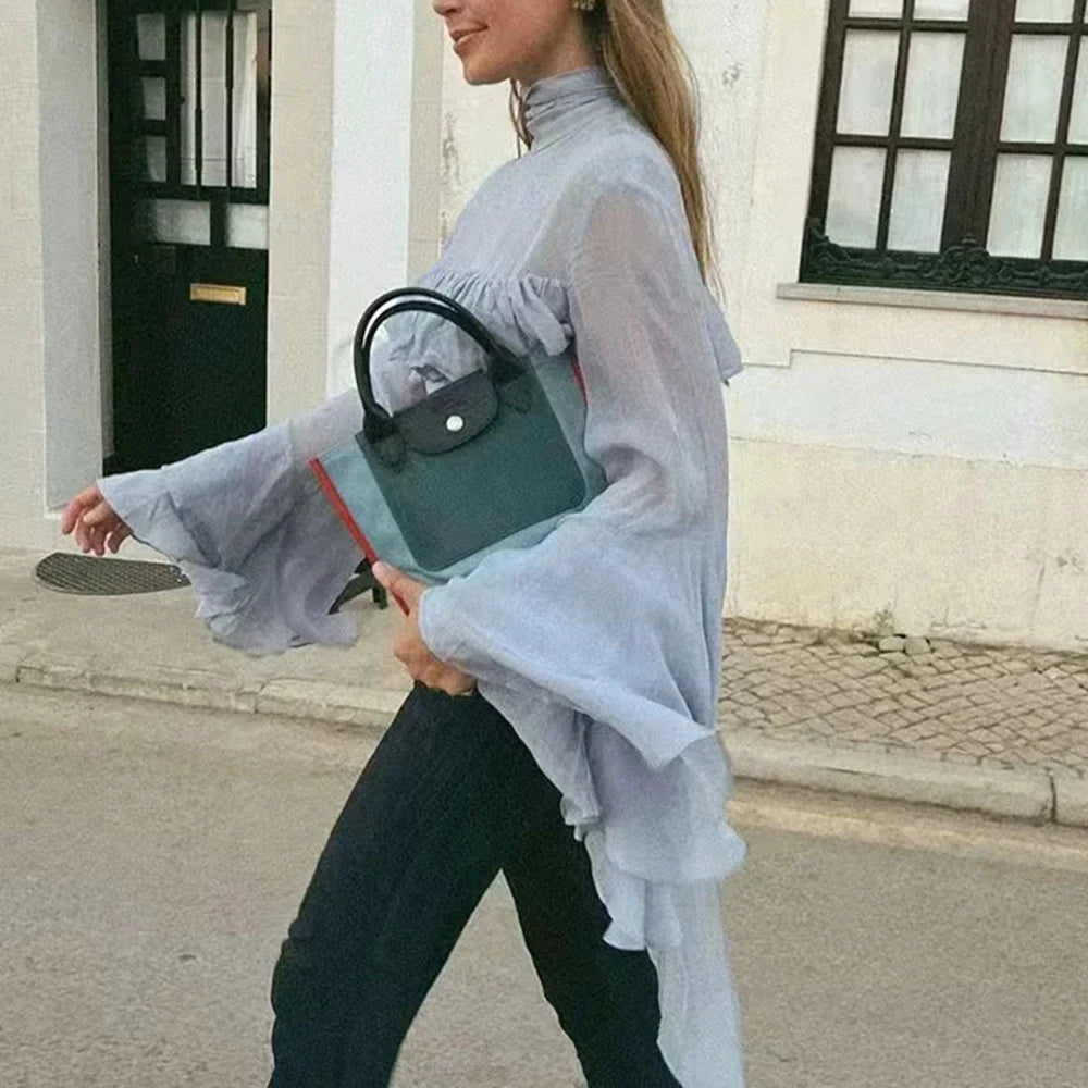 Women’s Solid Spliced Ruffles Slimming O Neck Long Sleeve Blouse