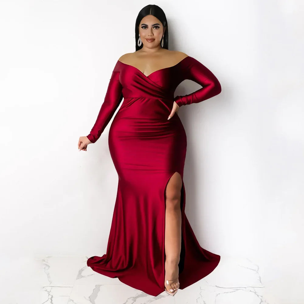 Women’s Off Shoulder V-neck High Side Slit Mermaid Long Sleeve Maxi Dress