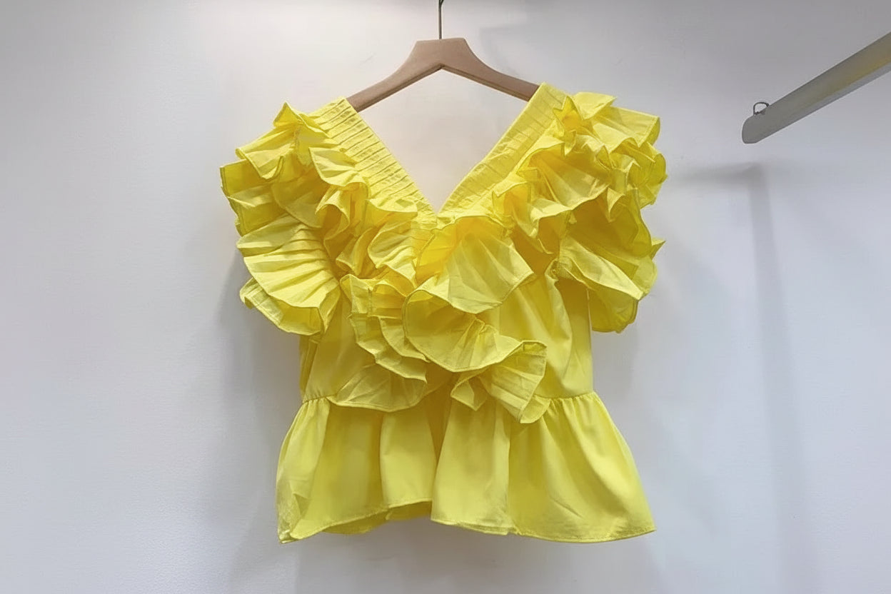V-neck Flounce Women's Clothes Retro Flying Sleeves Pleat And Waisted Blouse Polyester