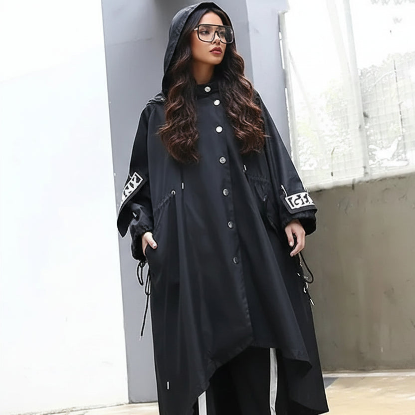 Black Hooded Print Trench For Women