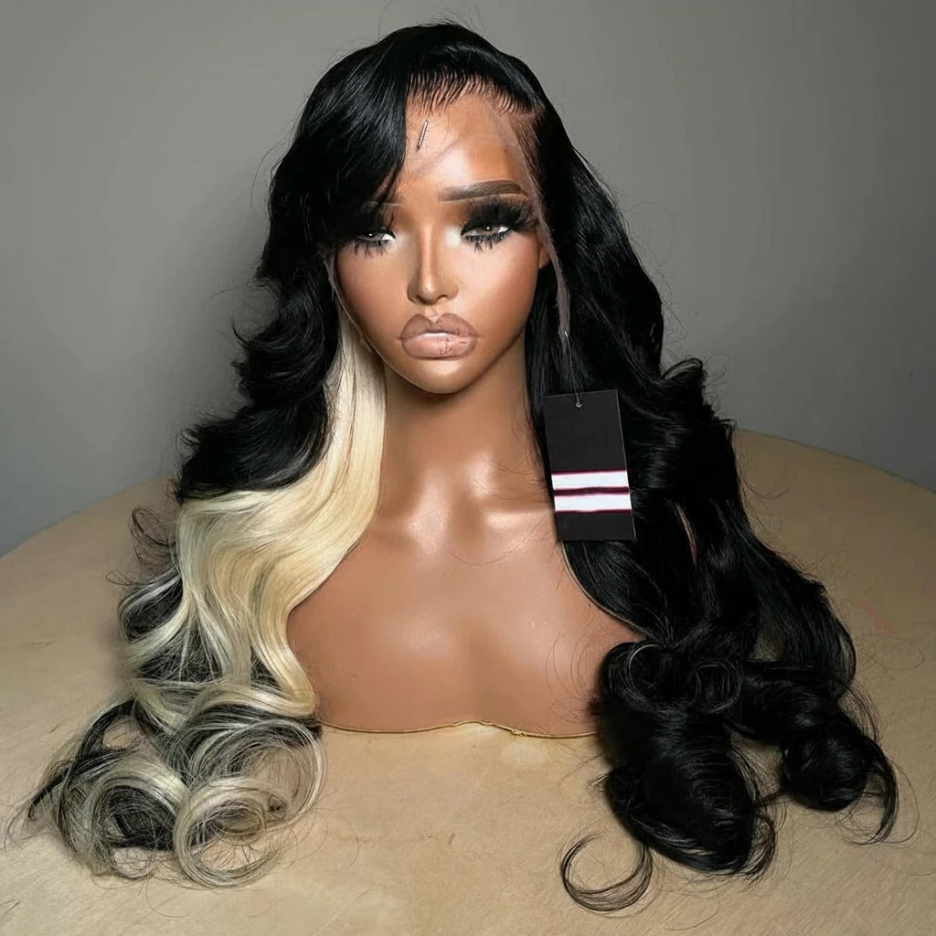 613 Blonde With Black Half Highlight 13X6 180 Density Human Hair 5X5 Lace Front Wig