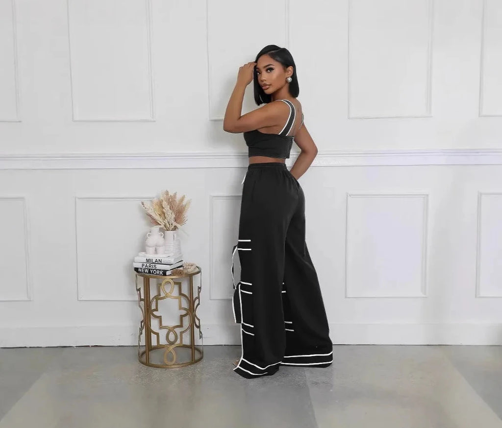 Women’s Striped Patchwork Bowknot Split Wide Pants