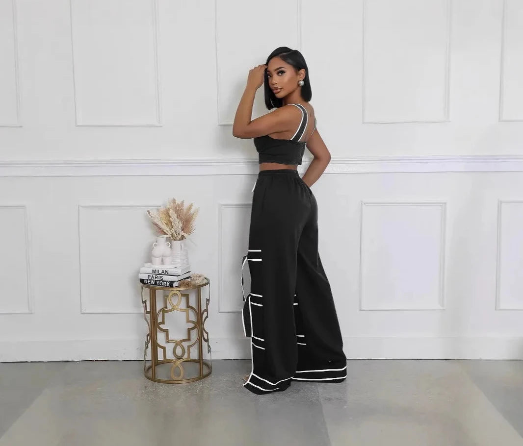 Women’s Striped Patchwork Bowknot Split Wide Pants