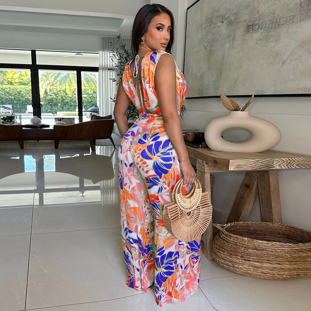 Women’s Leaf Printed Wide Leg Pile Neck Sleeveless Satin Jumpsuit