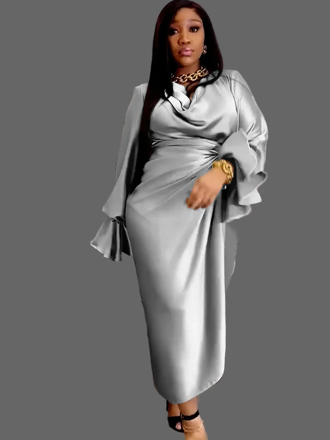 Women's Satin Flare Long Sleeve Pile Collar and Draped Waist Dress