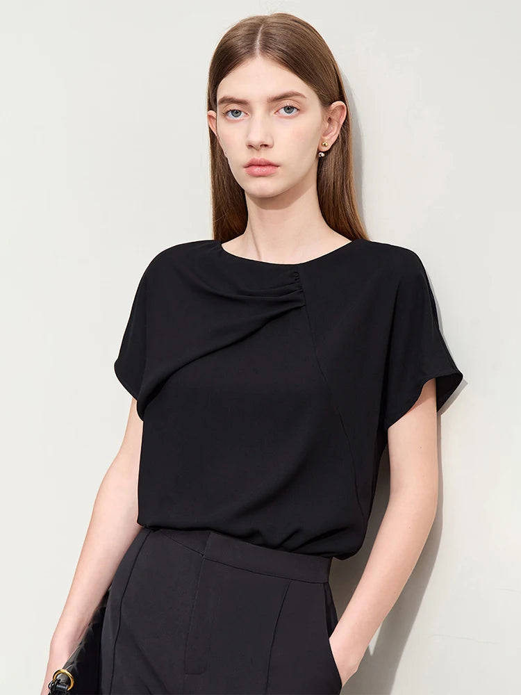 Women’s Round Neck Small Fly Sleeve Loose Basics Chiffon Blouse