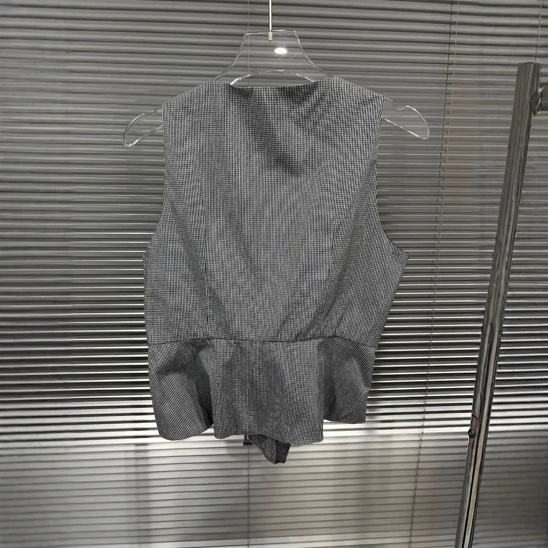Women's Irregular Black White Plaid Bow Bandage Pleated Slim Short Vest