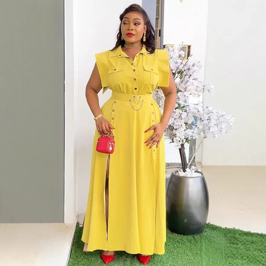 Women's  OL Sleeveless Shirt & Cargo Split Maxi Skirt Set