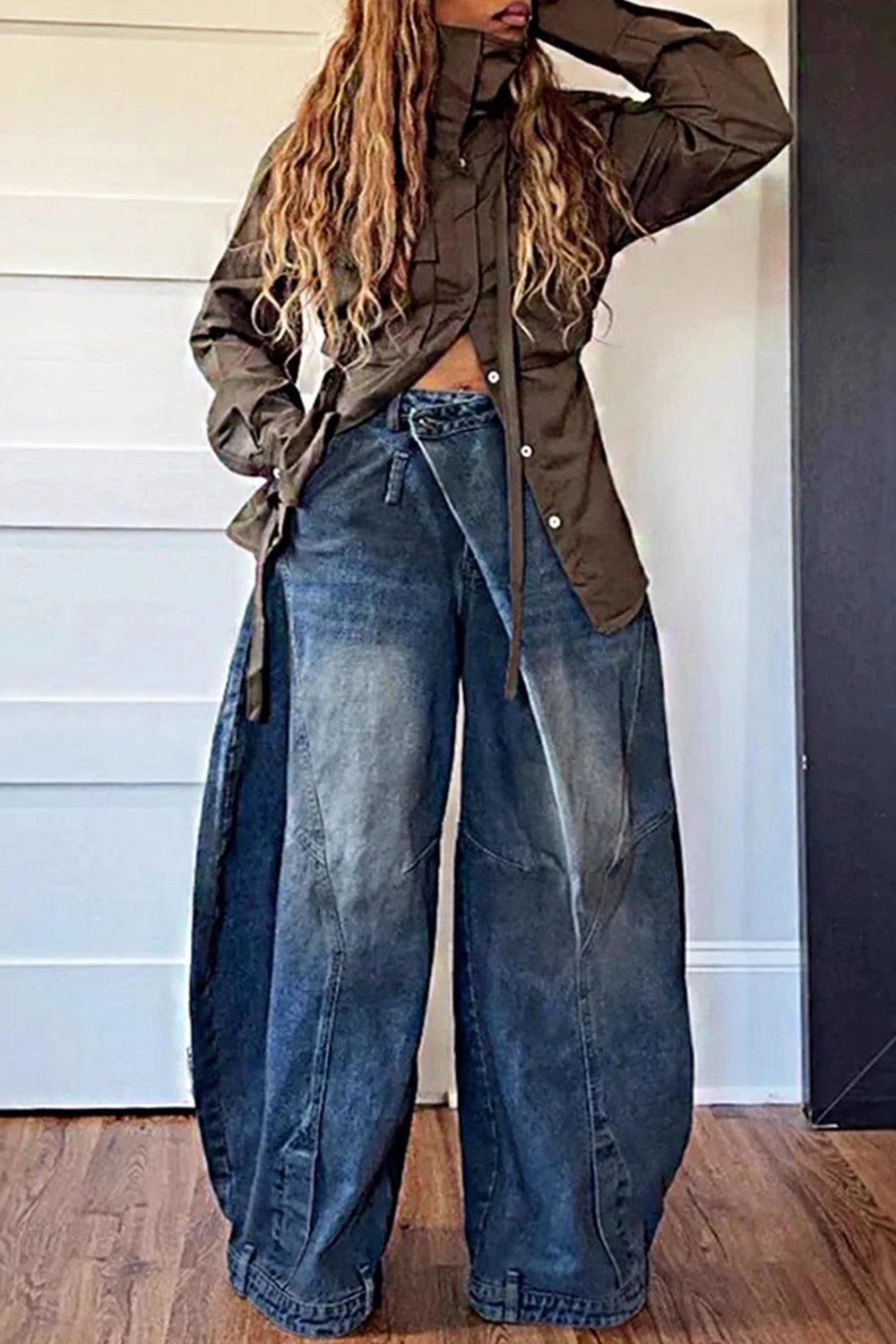 Women's Loose Denim Asymmetric Button Pocket Washed Casual Harajuku High Street Grunge Denim Trousers Jeans