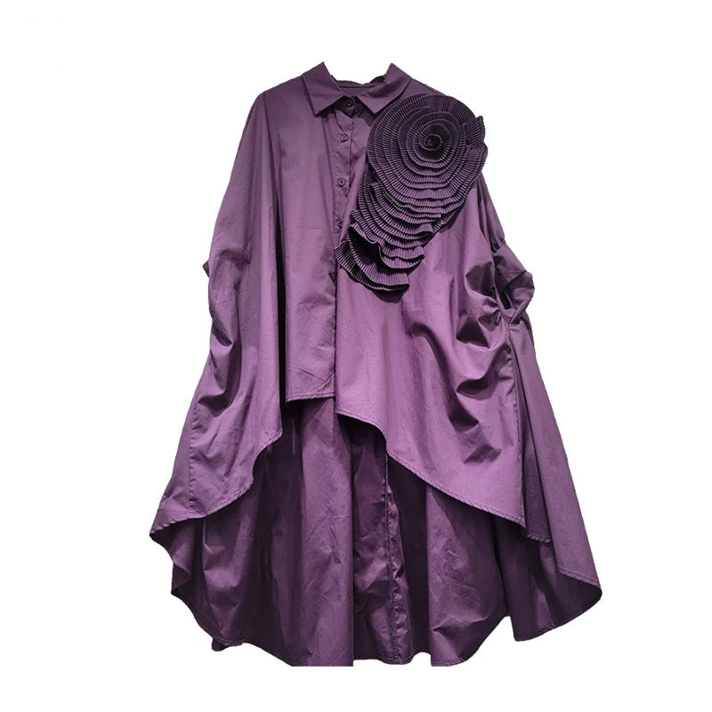 Women's Blouse Loose Irregular Solid Color Batwing Sleeve Flower Long Sleeve Casual Shirt