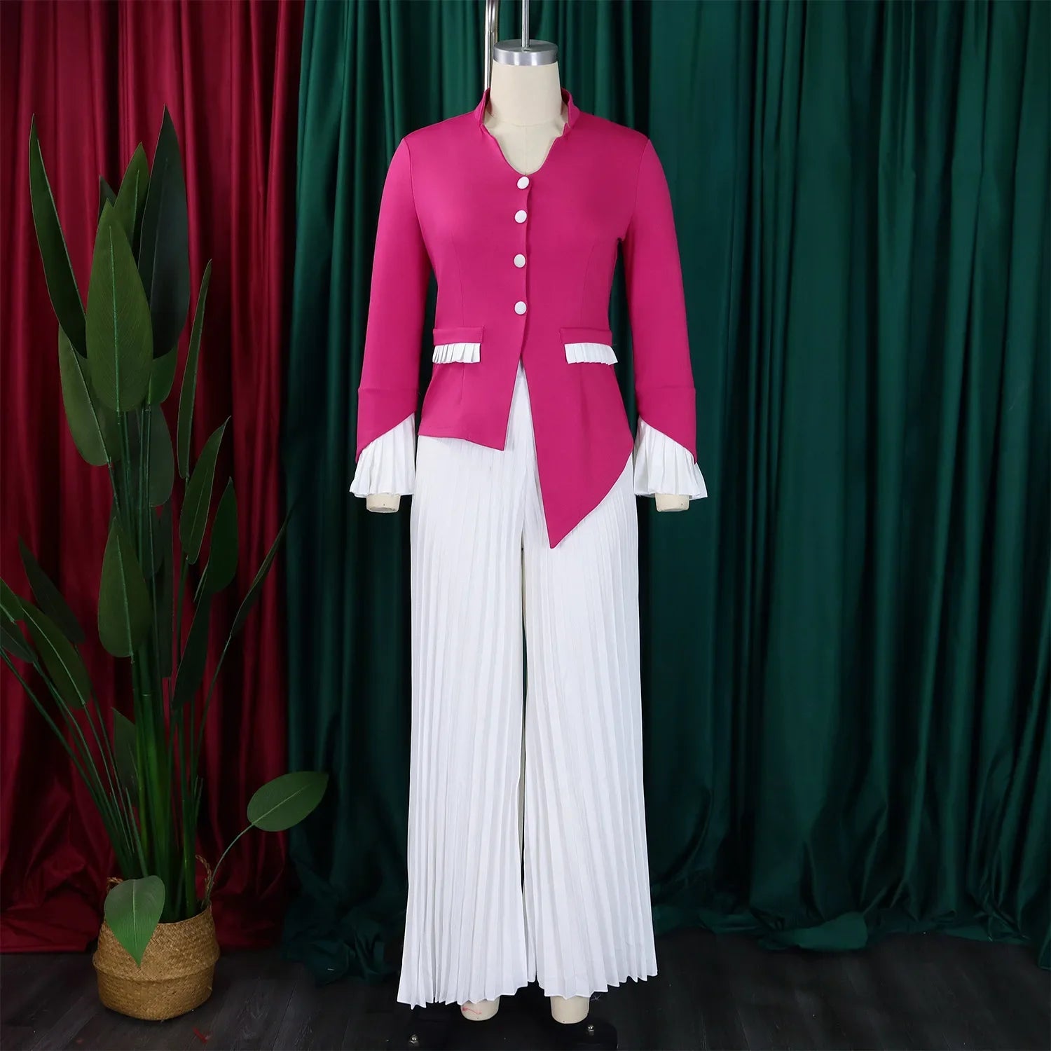 Women's Full Flare Sleeve Button Blazer Shirt + Pleated Long Pants Set