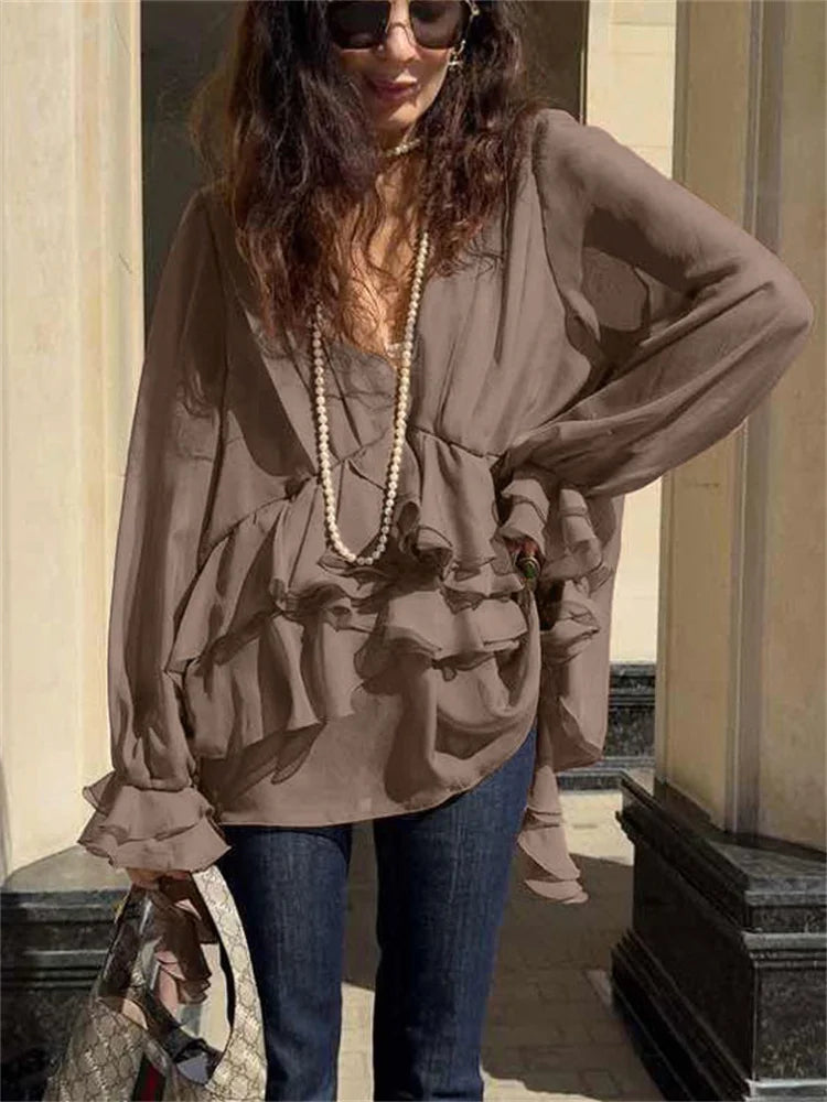 Chiffon Ruffled V-Neck Patchwork Long Sleeve Blouse