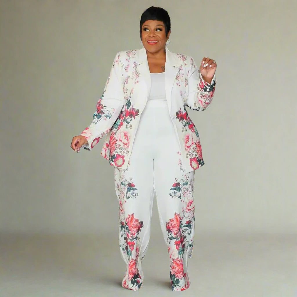 Plus Size Women's Long Sleeve Floral Print Blazer + Wide Leg Pants Set