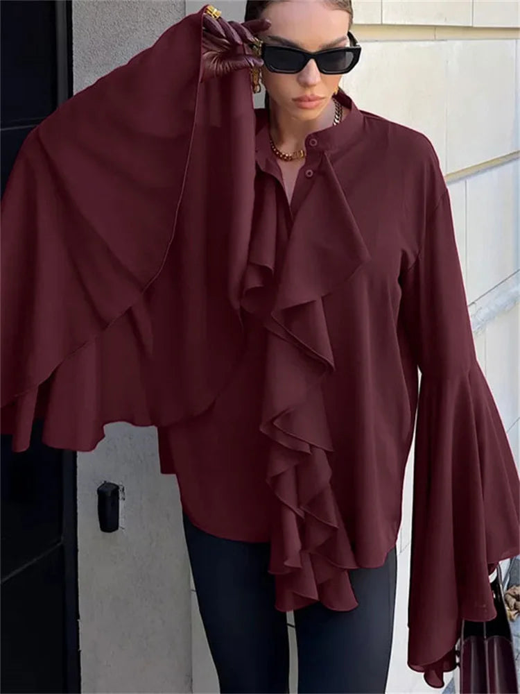 V Neck Chiffon Ruffled Long Sleeve Blouse